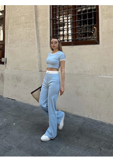 By Mop Crop Pantolon Biyeli Takım Mavi Mavi