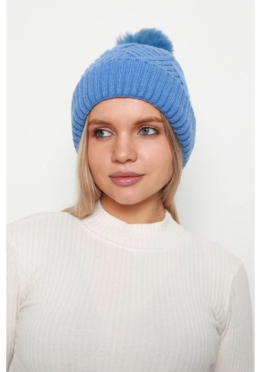 Kalın Ponponlu İçi Yünlü Kadın Bere Rkş-17 Mavi Mavi