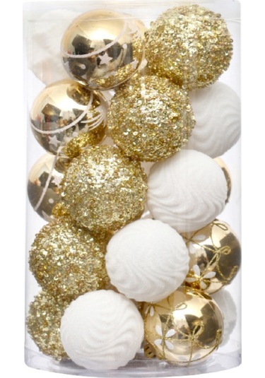 Vkemall 25 Adet 6cm Boyalı Noel Topu Seti - Noel Ağacı Süsleri, Şampanya Altın + Beyaz Renkli, Festivite Atmosferi Oluşturucu