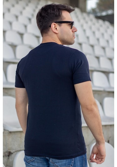 Erkek Lacivert Invisible Yazı Baskılı Basic Kısa Kollu Bisiklet Yaka Tişört 20etshyunz 001