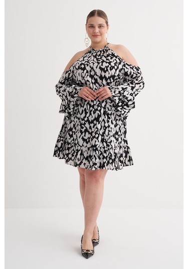 Pencere Detaylı Volanlı Elbise-6222 Siyah