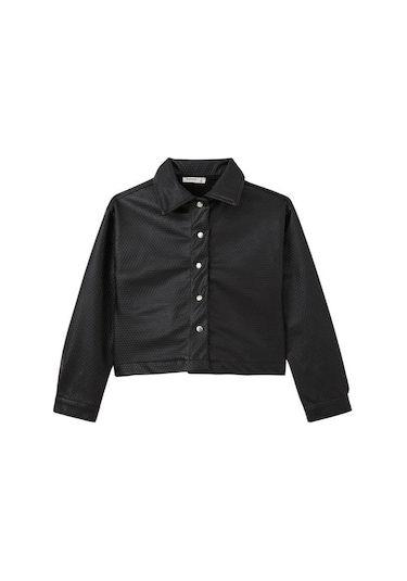 Kız Çocuk Kabartma Desenli Çıtçıtlı Deri Ceket-15247 Siyah