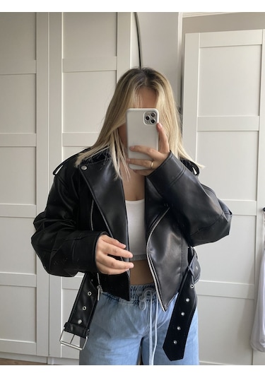 Prifaldi Suni Deri Crop Bıker Ceket Siyah