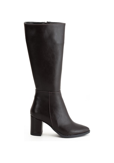 Kadın Topuklu Çizme Kahve Suni Deri Sivri Burun-4208 Kahve