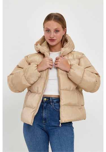 Alisse Kadın Vizon Kapüşonlu Şişme Mont Kaban Vizon