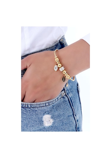 Kadın Taşlı Gülen Yüz  Çelik Bileklik Altın Kaplama Altın