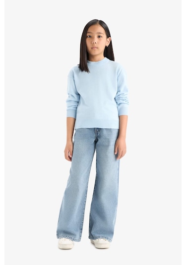 Defacto Kız Çocuk Standart Fit Bisiklet Yaka Triko Kazak C6902a825aube366 Mavi
