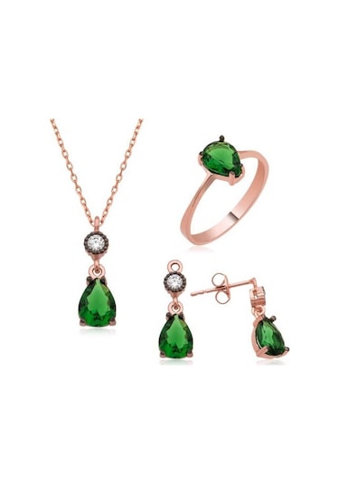 Gümüş Yeşil Damla Taşlı Kadın Set (551168070)