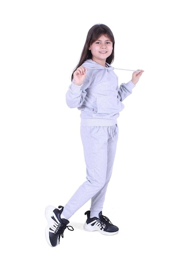 Fyk Kids Kapüşonlu Kanguru Cepli Düz Desen Kız Çocuk Alt-üst Takım Gri