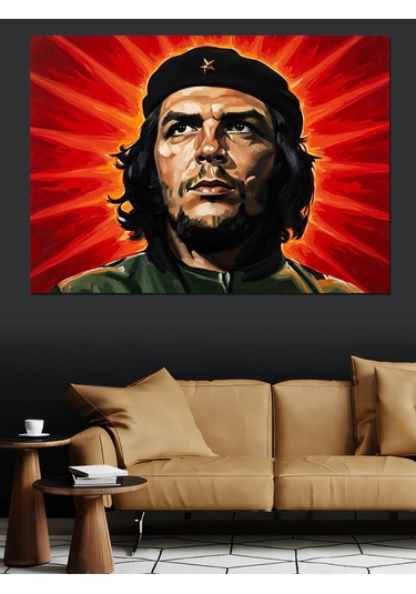 Kırmızı Arka Planda Karizmatik Che Guevara Dekoratif Kanvas - Mdf Ahşap Tablo