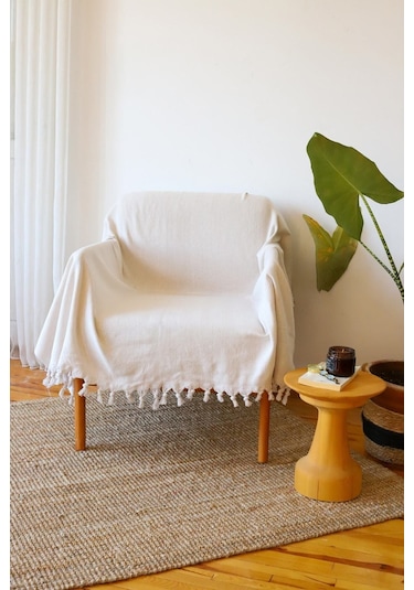 Krem Pamuklu Tekli Koltuk Berjer Örtüsü, Şalı 150x170cm Krem