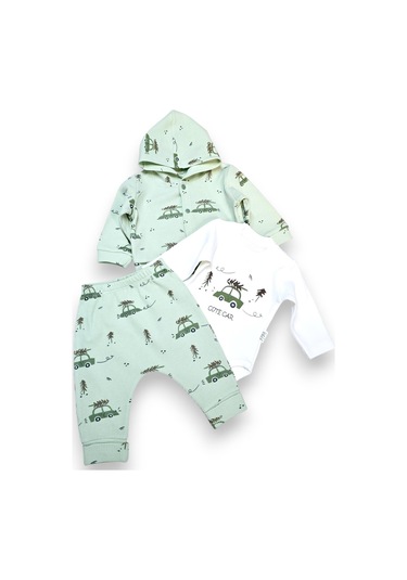 Araba Desenli Hırkalı Erkek Bebek Takım Su Yeşili