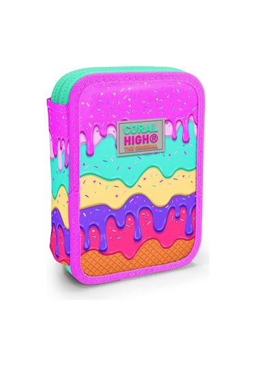 Coral High Kids Pembe Rengarenk Dondurma Desenli Çift Katlı Kalem Çanta 11131 Çok Renkli