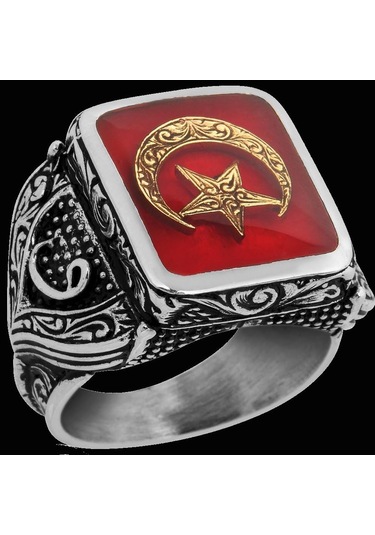925 Ayar Gümüş Erkek Yüzük - Ay Ve Yıldız İle Oluşturulmuş Granat Taşı Gümüş