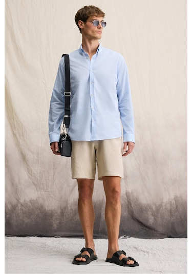 Lasse Erkek Gömlek Yaka Manşetli Uzun Kollu Regular Fit Keten Karışımlı Mavi Gömlek