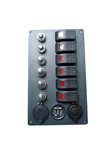 Tekne Karavan Otomatik Sigorta Paneli. 6'lı Model. Usb'li Siyah Siyah
