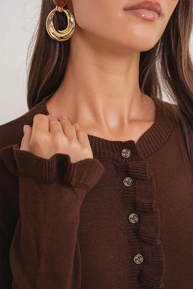 6964 Kadın Düz Fırfırlı Düğmeli Hırka Kahve Kahve