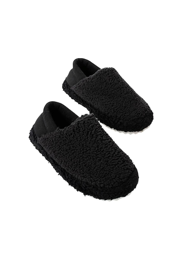 Kadın Lastikli Kaymaz Taban Peluş Havlu Kumaş Ev Ayakkabısı Panduf Siyah-siyah Siyah