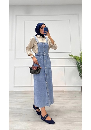 Biçomi Etekli Salopet Enzim Süper Taş Yıkama Buz Mavi D 2521