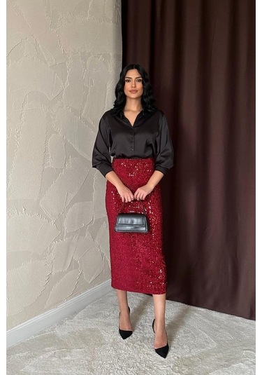 Bordo Pulpayetli Parlak Etek Bordo