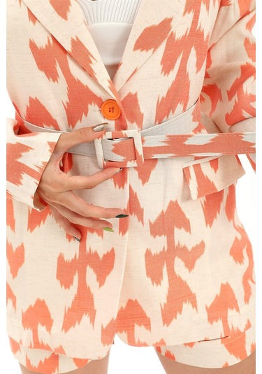 Kemerli Desenli Oversize Blazer Ceket - Turuncu-turuncu Turuncu