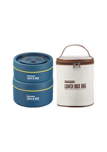 Paslanmaz Çelik Yalıtımlı Yemek Saklama Kabı, Mikrodalga Uyumlu, Taşıma Çantası İle Restoran Ve Paket Servisler İçin Pratik Katmanlı Yemek Kapları Seti MAvi