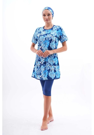 Aslınur Likralı Lacivert Desenli Yarı Kapalı Kadın Tesettür Mayo Lacivert - Mor