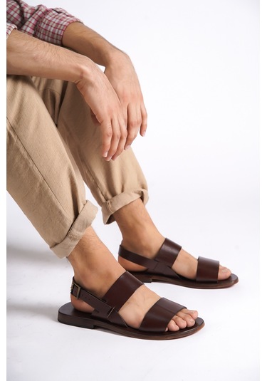 Sur Sandalet El Yapımı Kösele Erkek Deri Bodrum Sandalet Kahverengi