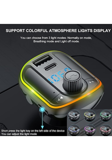 Springsun Araç Fm Transmitter Bluetooth 5.0, Pd18w+qc3.0 Hızlı Şarj, Renkli Işık Modları, Sesli Asistan, Hands-free Konuşma, Tf Kart/disk Desteği