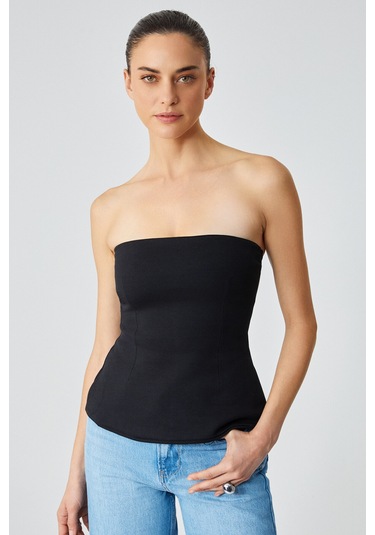 ORIANA Kadın Slim Fit Straplez Siyah Bluz