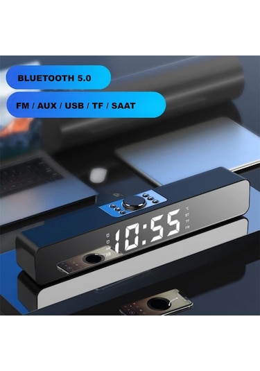 Triline Bluetooth Hoparlör Şarjlı Yatay Ses Sistemi Led Ekran Fm Çalar Saat Sıcaklık Pc Usb Aux Tf Kart