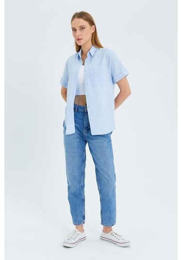 3950 Kadın Oxford Kısa Kollu Basic Gömlek Bebe Mavi Bebe Mavi