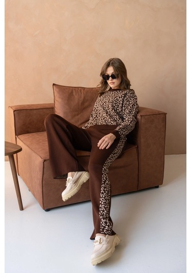 Kadın Geniş Yaka Desenli Kazak Pantolon İkili Triko Takım Kahve