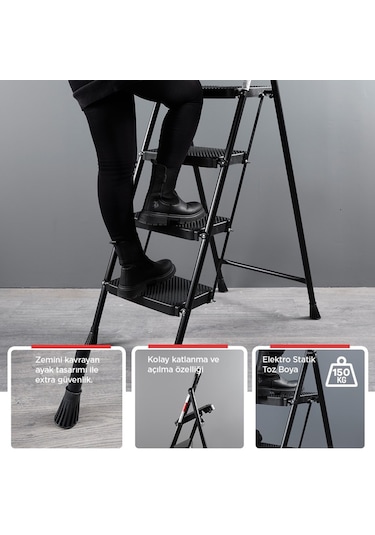 Perilla 51405 Stepla Geniş 5 Basamaklı Katlanır Merdiven Eurotower Siyah 5 Basamaklı