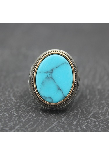 925 Ayar Oval Düz Firuze Taşlı Gümüş Erkek Yüzüğü Gümüş