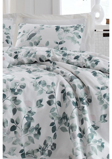 Enlora Home Sabine Doğal Baskılı Çift Kişilik Pike Yeşil