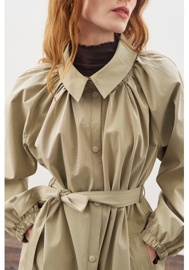 Oversıze Bağlamalı Midi Trençkot Haki Haki