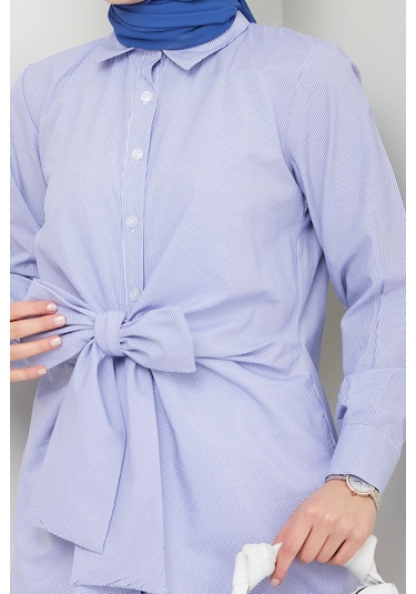 Çizgili Poplin Bağlamalı Gömlek - Mavi / Ü103 Mavi