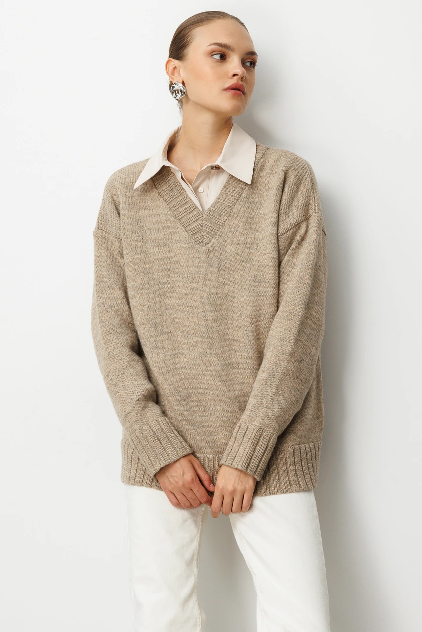 Mizalle V Yaka Oversize Bej Rengi Triko Kazak Bej