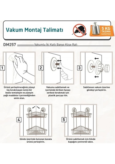 Vakumlu Banyo Köşe Rafı 2 Katlı Siyah S257 Siyah