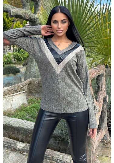 Haki & Antrasit Deri Kontrastlı V Yaka Kaşkorse Kazak Haki