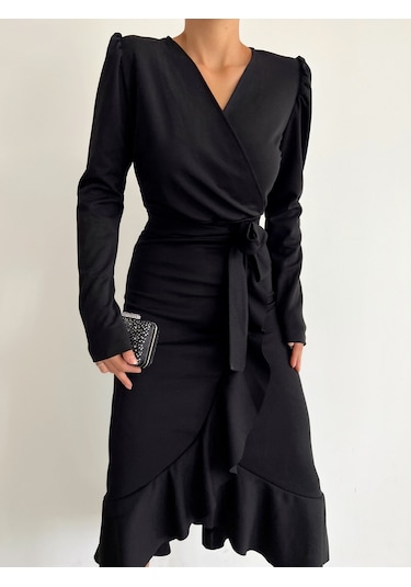 Krep Kumaş Midi Boy Kuşaklı Uzunkol Elbise 113 Cm Bediva 001