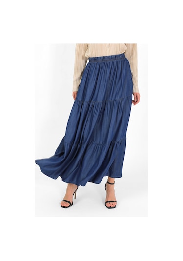 Beli Lastikli Büzgülü Tensel Etek Koyu Mavi