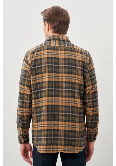 Hardal Yünlü Ekose Desen Yumuşak Yaka Cepsiz Uzun Kol Casual Comfort Fit Gömlek 1004245227 Hardal