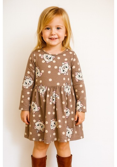 Kedili Kız Çocuk Elbise Kahverengi