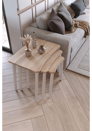 Zuesse Dizayn Beyza 3lü Zigon Sehpa & Yan Sehpa Beyaz Ahşap Ayaklı Salon Seti Çay Sehpası - Sonomo