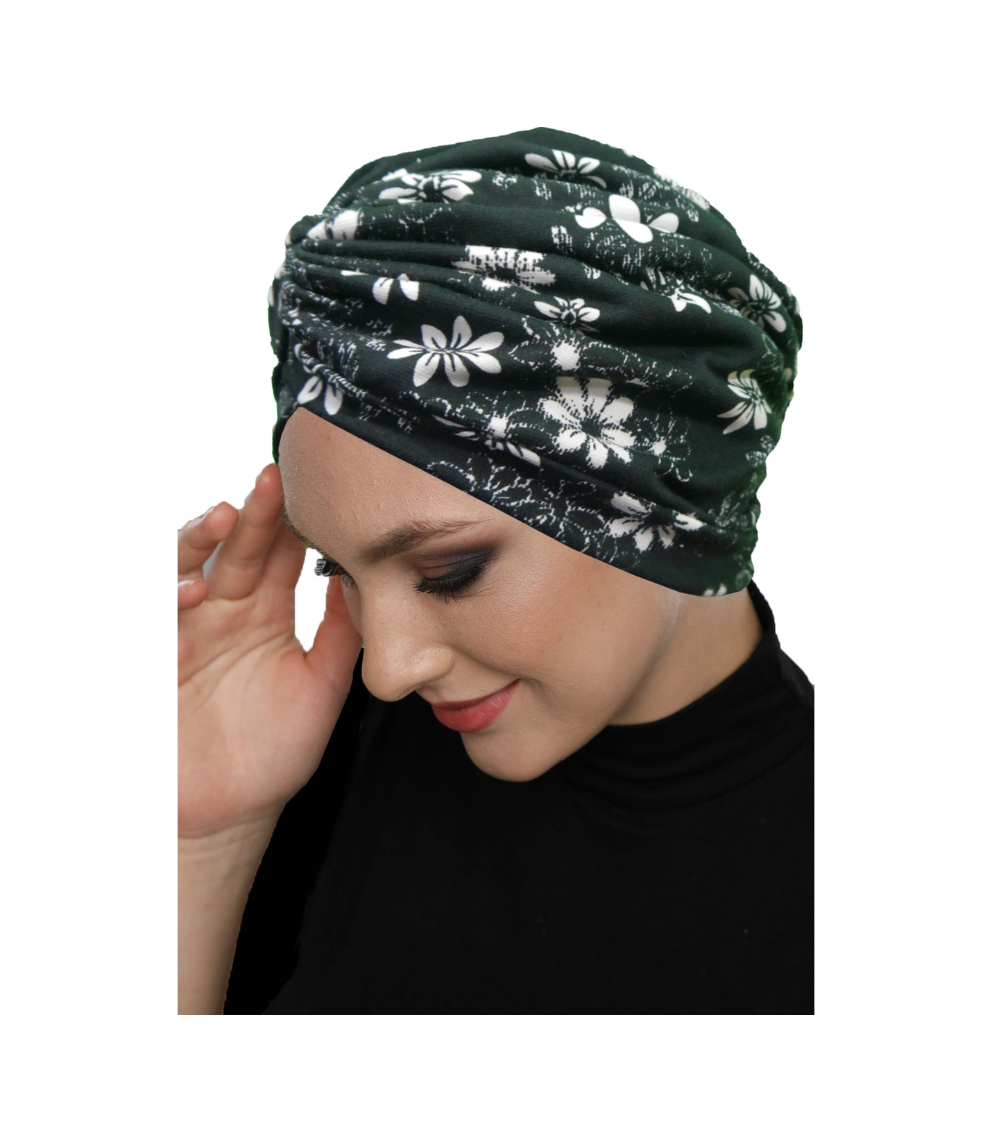 Midnight Blossom Desenli Çapraz Ve Bant Detaylı Astarlı Hazır Türban Tesettür Havuz Bonesi Siyah-ekru