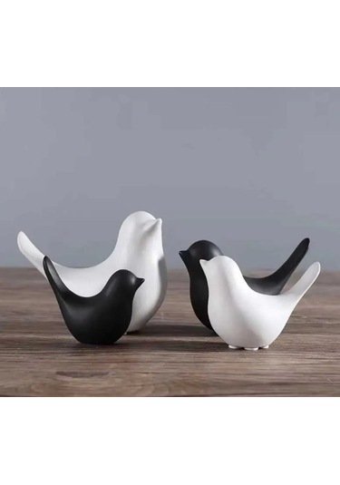 Dekoratif 4 Lü Siyah Beyaz Kuş Obje Heykel Biblo