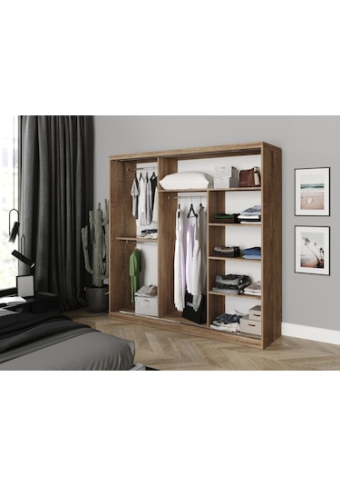 Kznhome 3 Kapaklı Sürgülü Aynalı Gardrop Elbise Dolabı - Tamamı Meşe Mdf