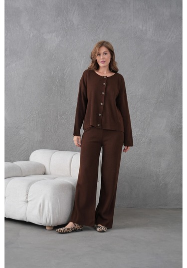 Kadın Bisiklet Yaka Düğme Kapama Kaşkorse Ceket Pantolon İkili Triko Takım Kahve